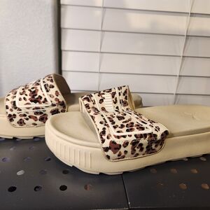 Puma Cream and Brown Leopard Slide Sandals